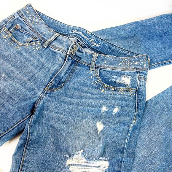 AEO Skinny Stretch Blue Jeans Studded Distressed Sz 10 - Picture 2 of 11